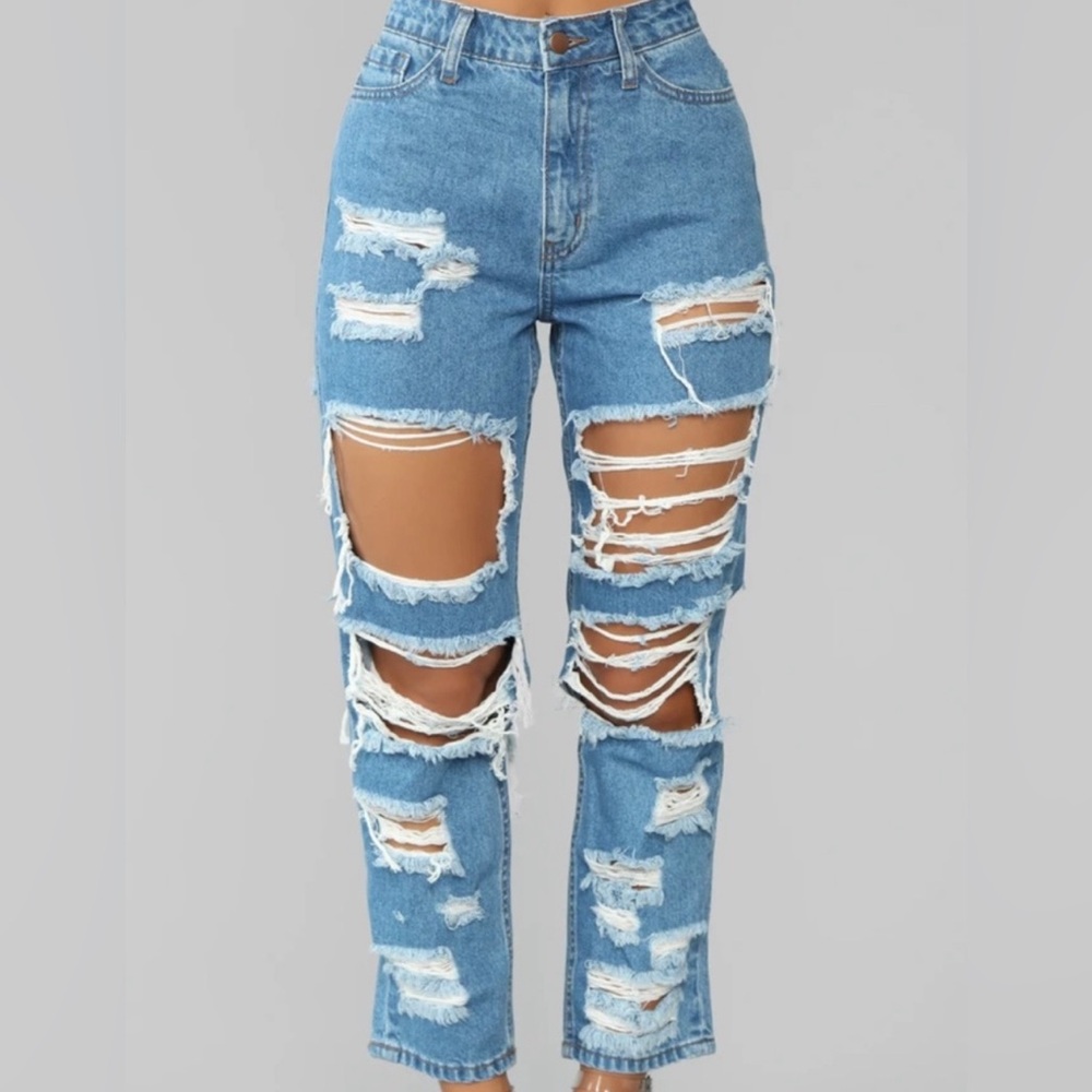 Fashion Nova Womens Jeans Blue Flat Front Straight Leg Distressed Boyfriend